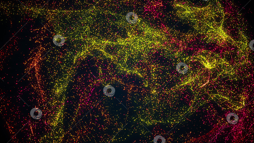 Скачать Компьютер сгенерировал фантастический фон. Переход от легкой сетки к вращающимся мелким частицам пыли. Многоцветный фон с эффектом песка. 3D рендеринг фотосток Ozero
