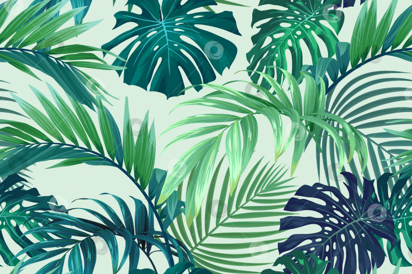 Скачать Тропический узор с зелеными пальмовыми листьями. Летний векторный фон или текстильная иллюстрация. фотосток Ozero