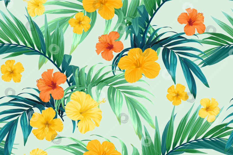Скачать Тропический узор с зелеными пальмовыми листьями и цветами гибискуса. Летний яркий векторный фон или текстильная иллюстрация. фотосток Ozero