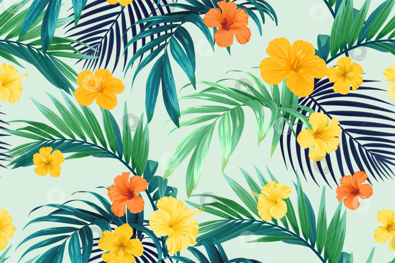 Скачать Тропический узор с зелеными пальмовыми листьями и цветами гибискуса. Летний яркий векторный фон или текстильная иллюстрация. фотосток Ozero
