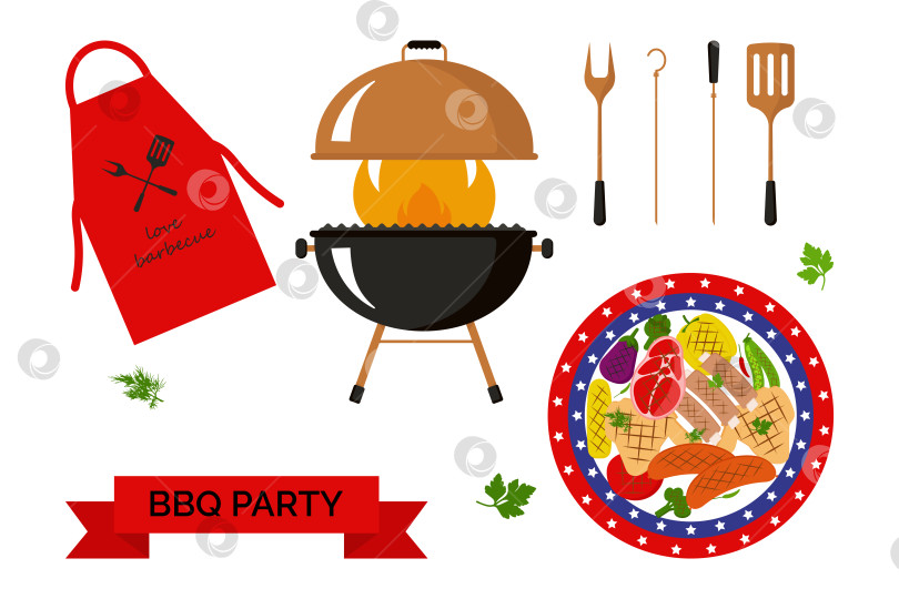 Скачать Поздравительная открытка для вечеринки с барбекю в честь Дня памяти. Американское летнее блюдо-барбекю. Векторная иллюстрация. фотосток Ozero