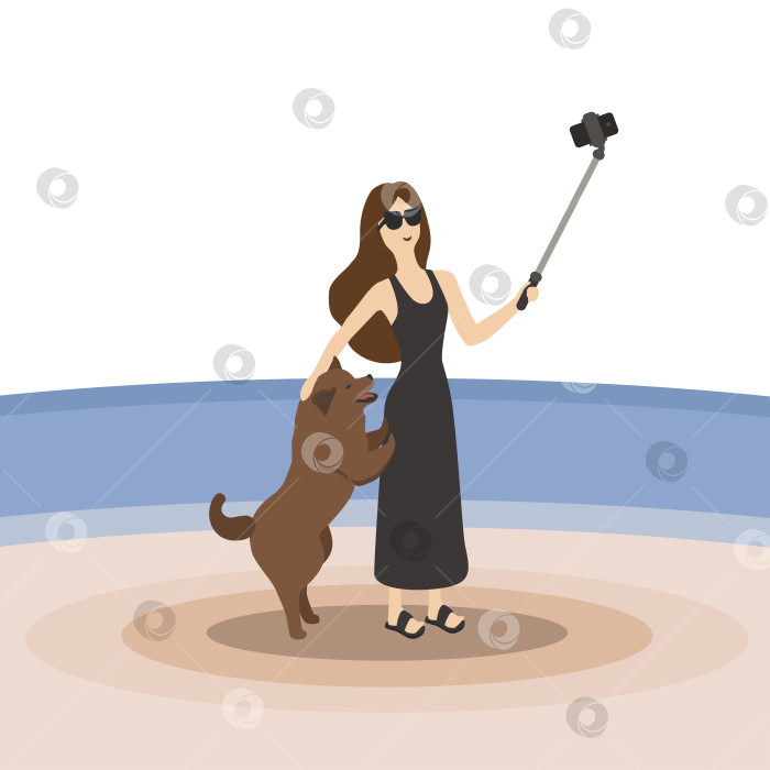 Скачать Девушка с собакой на отдыхе на пляже на фоне моря фотографируются на селфи палку фотосток Ozero