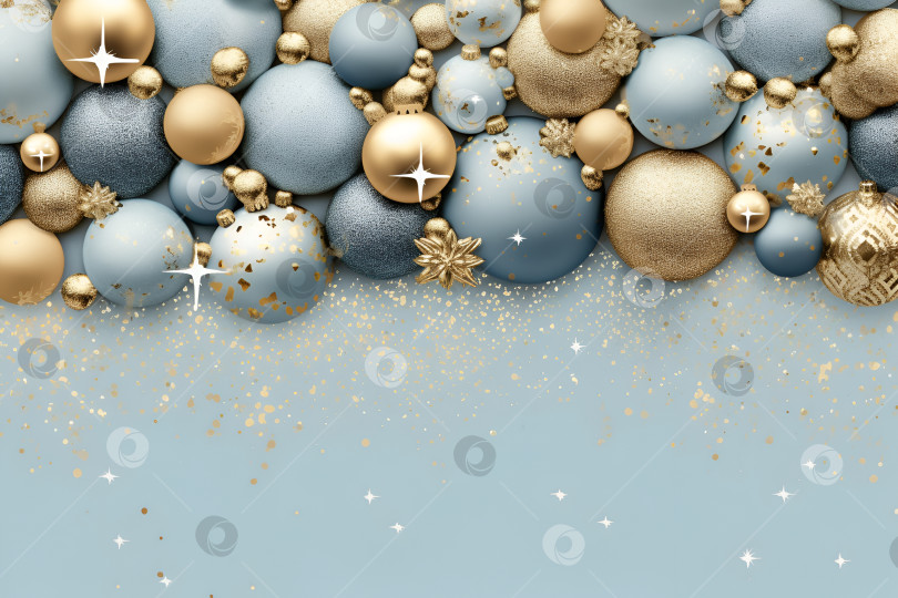 Скачать Рождественские золотые и голубые стеклянные шары на бежевом фоне. Генеративный искусственный интеллект. фотосток Ozero
