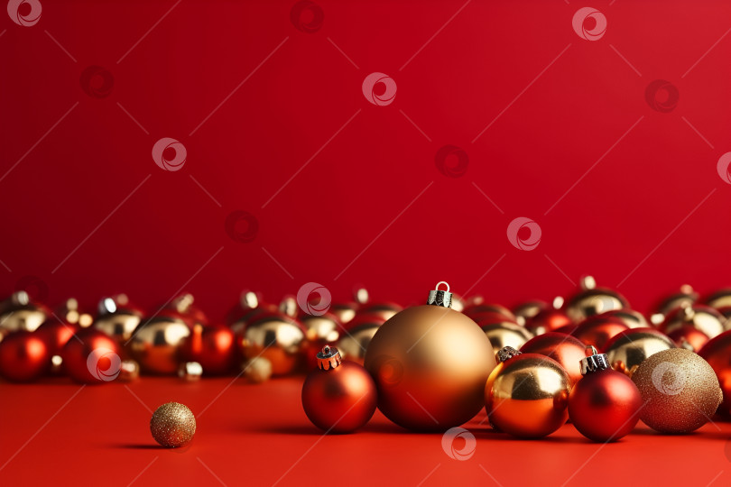 Скачать Рождественский баннер с красными и золотыми шарами на красном фоне. Рождественская поздравительная открытка. Генеративный искусственный интеллект. фотосток Ozero