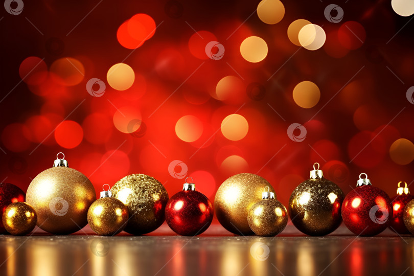 Скачать Рождественская поздравительная открытка с красными и золотыми шарами на красном размытом фоне. Генеративный искусственный интеллект. фотосток Ozero