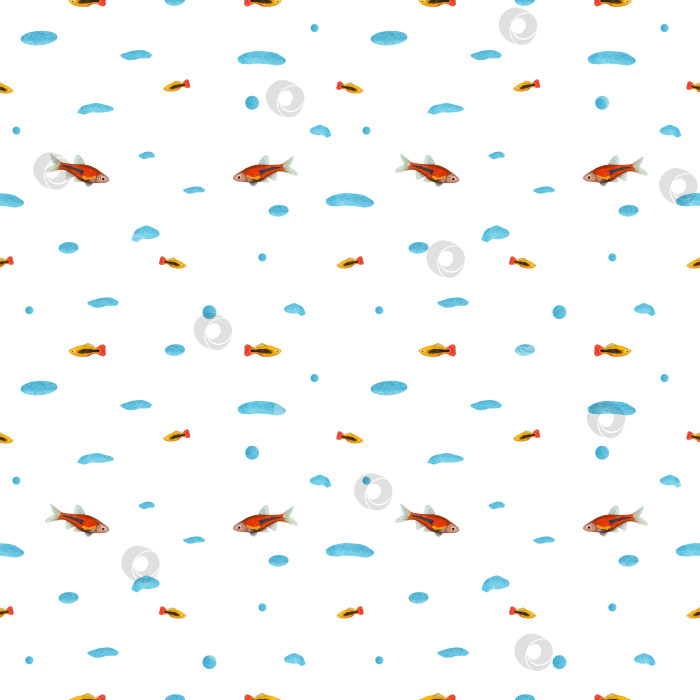 Скачать Акварельный подводный бесшовный узор из неоновых рыбок тетра на белом фоне. Печать для дизайна, открыток, фона, меню, сувениров, декора, баннеров, обоев, ткани, текстиля, упаковки фотосток Ozero