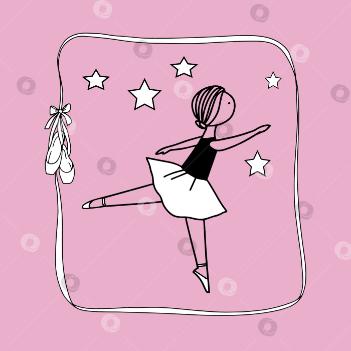 Скачать Милая маленькая девочка-балерина на розовом фоне, ленточная рамка с пуантами. фотосток Ozero
