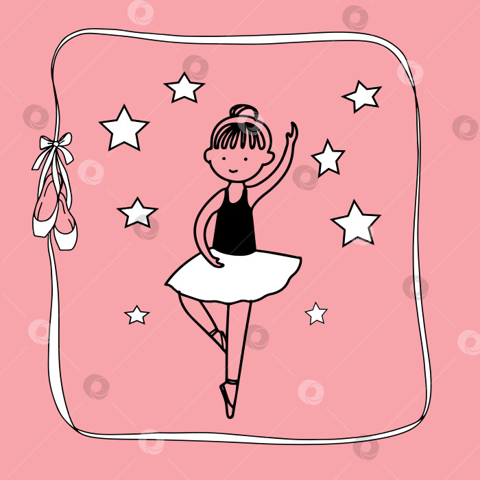 Скачать Милая маленькая девочка-балерина на розовом фоне, ленточная рамка с пуантами. фотосток Ozero