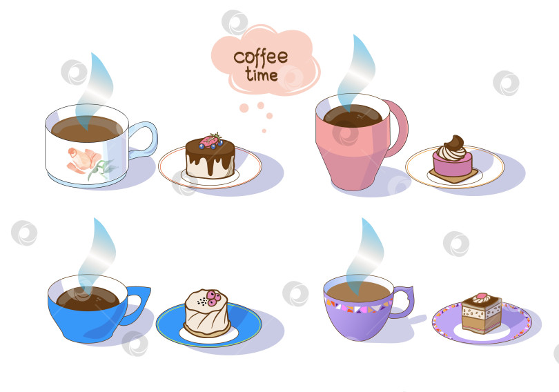 Скачать Набор из чашек для кофе и кусочка торта. векторная иллюстрация фотосток Ozero