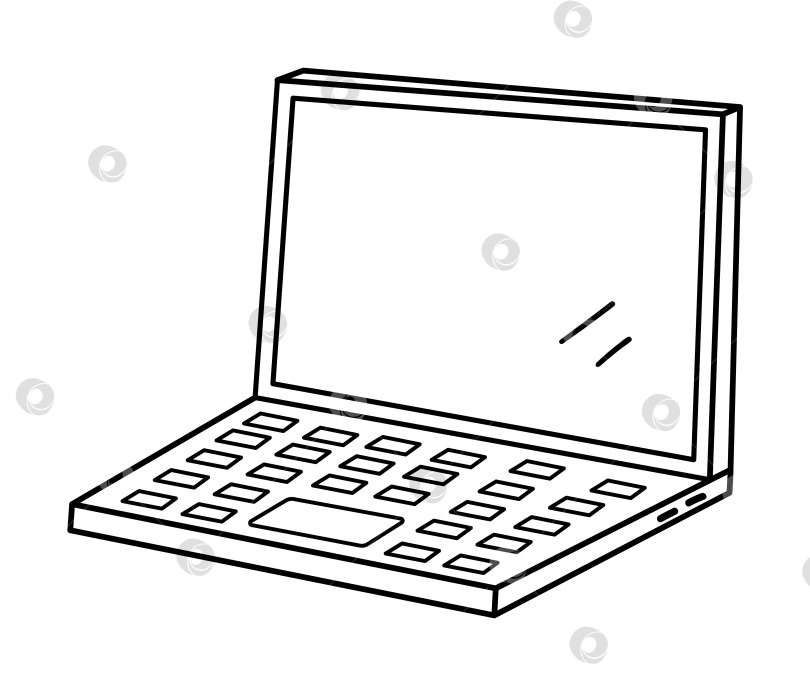 Скачать Векторная черно-белая иллюстрация ноутбука. Контурный образовательный клипарт "Назад в школу". Симпатичный компьютер в стиле линии, улыбающийся. Забавная контурная картинка для детей фотосток Ozero