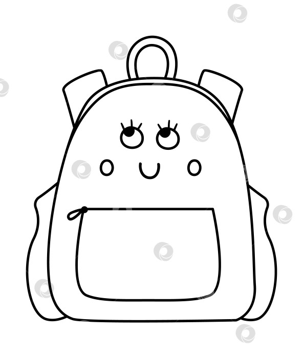 Скачать Векторная черно-белая иллюстрация кавайного школьного ранца. Набросок учебного клипарта "Назад в школу". Симпатичный рюкзак в стиле контура с улыбающимися глазами. Забавный значок линии для детей фотосток Ozero