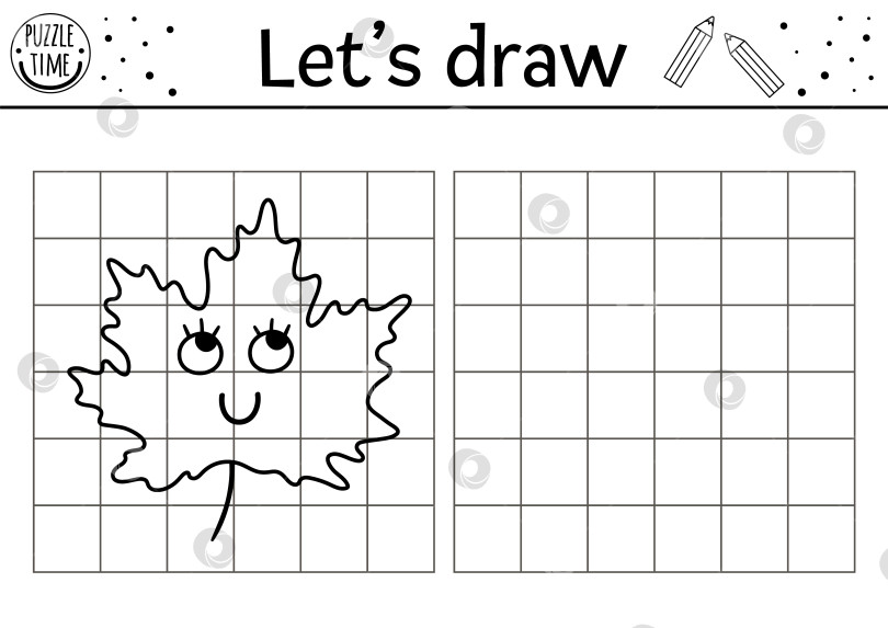 Скачать Скопируй картинку осенняя тематическая игра для детей. Завершите игру "Лист". Векторный рабочий лист для практики рисования в школе. Черно-белое занятие для печати или раскраска для детей дошкольного возраста. фотосток Ozero