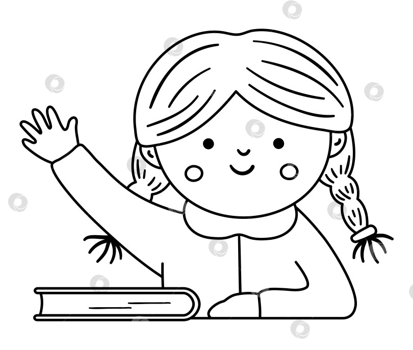 Скачать Векторная черно-белая счастливая школьница с поднятой рукой. Иллюстрация в классе начальной школы по контуру. Обрисуйте умного малыша в очках на уроке. Девушка на линии, готовая ответить фотосток Ozero