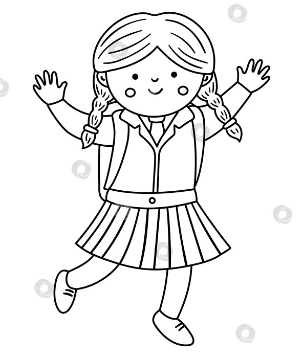 Скачать Векторная черно-белая счастливая девушка, прыгающая от радости с поднятыми руками. Набросайте иллюстрацию персонажа "Назад в школу". Забавный ученик в униформе со значком линии школьной сумки фотосток Ozero