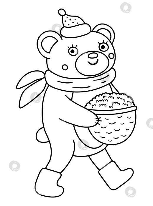 Скачать Симпатичный черно-белый мишка несет корзинку с ягодами. Векторный контур осеннего персонажа, изолированного на белом фоне. Значок лесного животного в линейке осеннего сезона.  Забавная лесная иллюстрация. фотосток Ozero