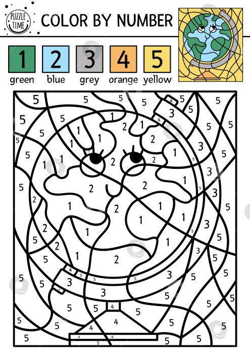 Скачать Векторный раскрас по номерам активности с милым кавайным глобусом. Игра-раскраска "Назад в школу" и "счет" с комическим персонажем. Забавная страничка с осенними раскрасками для детей. фотосток Ozero