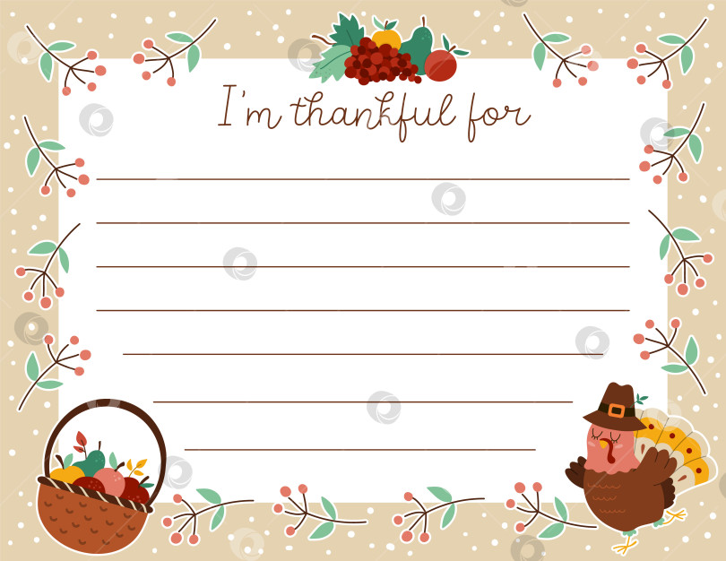 Скачать Векторная открытка на День благодарения. Я благодарен за горизонтальный шаблон письма с милой индейкой, корзиной с яблоками, урожаем фруктов. Дизайн рамки для осенних праздников для детей. фотосток Ozero