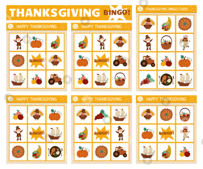 Скачать Набор векторных карточек для бинго на День благодарения. Веселая семейная настольная игра в лото с милой индейкой, тыквой, пилигримом для детей. Осенняя праздничная лотерея. Простой учебный лист для печати. фотосток Ozero
