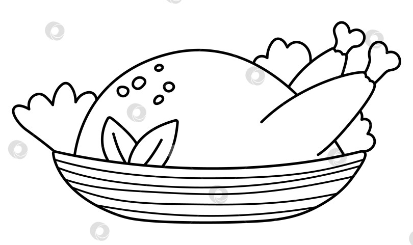 Скачать Векторная черно-белая жареная курица или индейка на тарелке. Праздничная еда на Рождество или День благодарения. Праздничный план блюда или раскраска, выделенные на белом фоне фотосток Ozero
