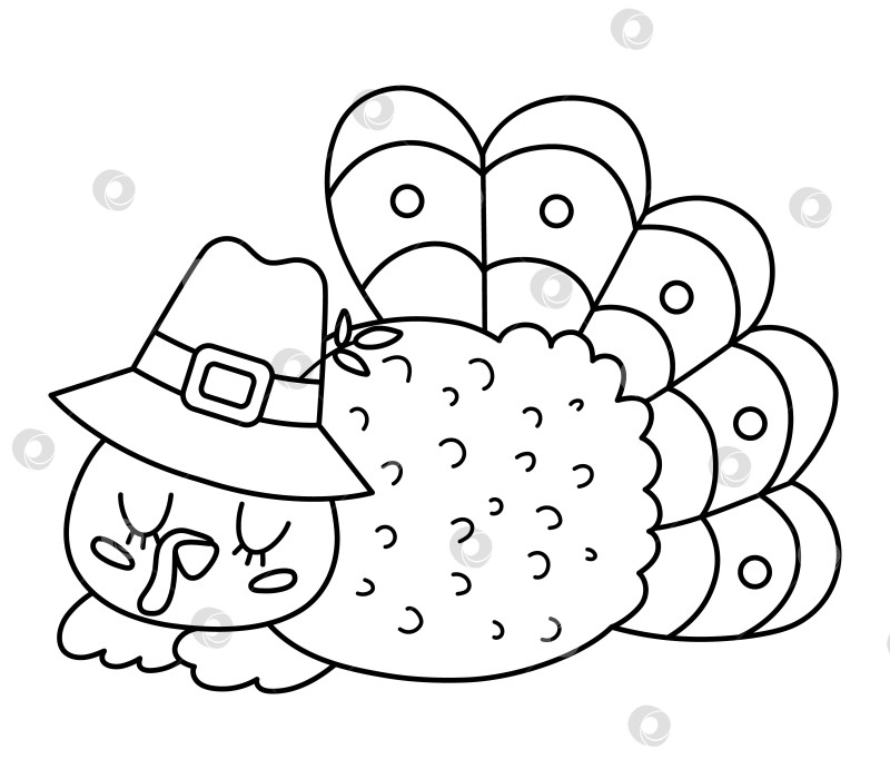 Скачать Векторная черно-белая индейка на День благодарения в шляпе пилигрима. Значок линии осенней птицы. Набросок осеннего праздничного спящего животного с закрытыми глазами, изолированного на белом фоне. фотосток Ozero