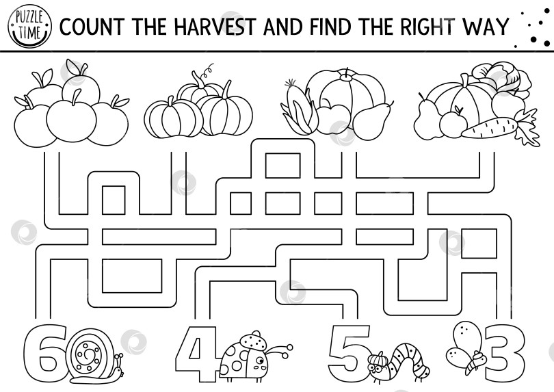 Скачать Черно-белый лабиринт на День благодарения для детей. Осенняя праздничная линейка, пригодная для печати, подсчитывает активность. Игра "Осенний лабиринт" или раскраска с милыми овощами, насекомыми. Подсчитай урожай и найди дорогу фотосток Ozero