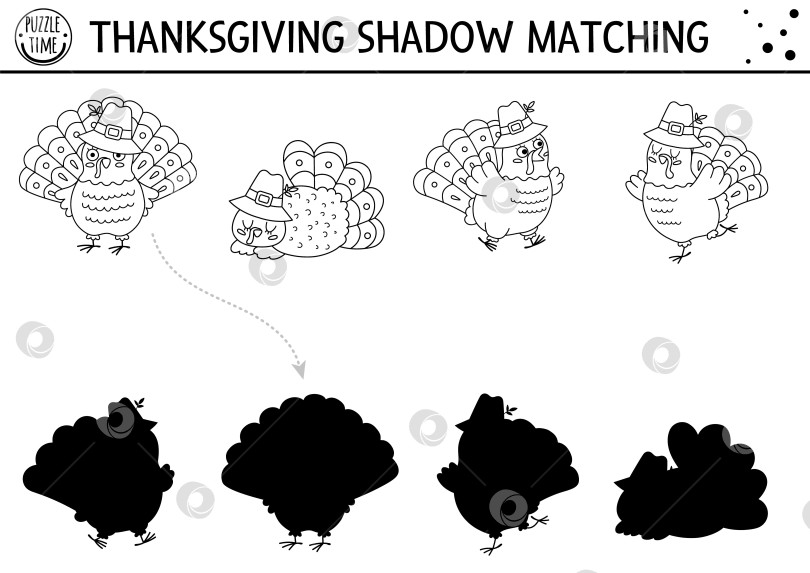 Скачать Занятие по подбору черно-белых теней на День благодарения с милыми индюшками. Пазл "Осенний праздник" с традиционными птицами. Найдите раскраску для рабочего листа с правильным силуэтом, пригодную для печати фотосток Ozero