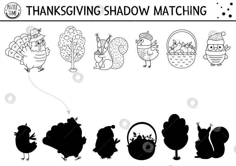 Скачать Занятие по подбору черно-белых теней на День благодарения с милыми животными, сбор урожая. Пазл "Осенний праздник" с индейкой и яблоками. Найдите правильный контур силуэта на печатном листе или в игре фотосток Ozero