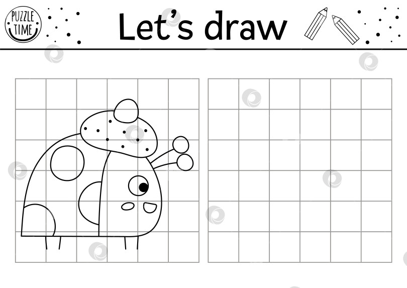 Скачать Завершите изображение божьей коровки. Практический лист для рисования векторного леса. Осеннее черно-белое занятие для дошкольников с возможностью печати. Скопируй картинку игра на тему насекомых для детей фотосток Ozero