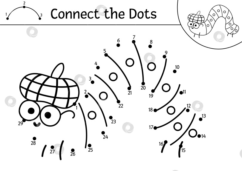 Скачать Векторная точечная и цветовая активность с милой гусеницей. Лесная игра "соедини точки" для детей с забавным насекомым в клетчатой шляпе. Лесная раскраска для детей. Рабочий лист для печати на осенних каникулах фотосток Ozero