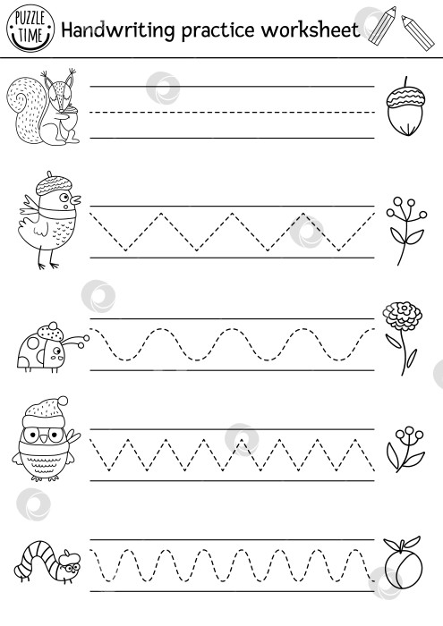 Скачать Векторный рабочий лист для практики рукописного ввода в День благодарения. Осеннее черно-белое занятие для детей дошкольного возраста с возможностью печати. Осенняя игра-трассировка для развития навыков письма с милыми лесными животными, птицами, насекомыми фотосток Ozero