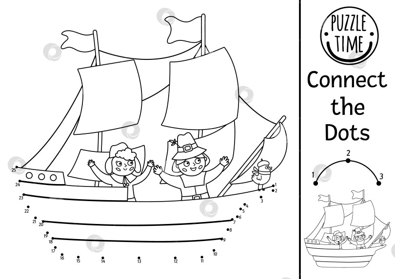 Скачать Векторная точечная и цветная работа с кораблем Mayflower и паломниками. Историческая игра "Соедини точки" на День благодарения или раскраска для детей. Рабочий лист для печати на осенних каникулах. Осенняя викторина фотосток Ozero