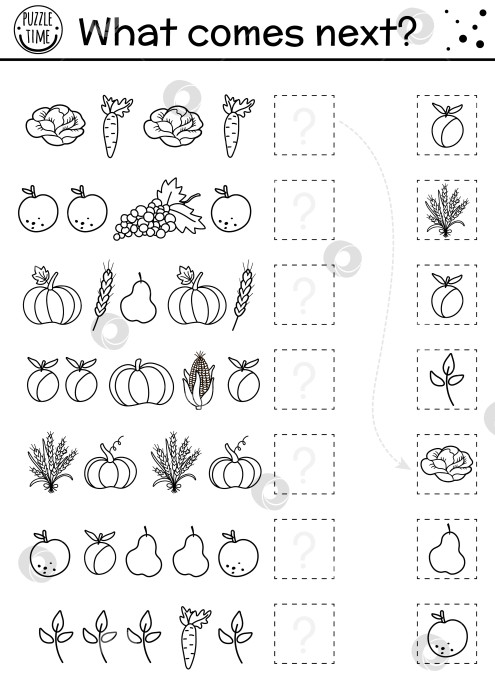 Скачать Что будет дальше. Сочетайте черно-белое развлечение для детей с осенними фруктами и овощами. Головоломка с выпадением линий. Логический рабочий лист с урожаем. День благодарения продолжайте игру в ряд. фотосток Ozero