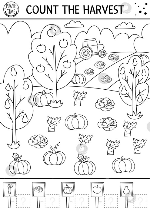 Скачать Осенняя черно-белая игра в подсчет урожая в саду или на поле. Осеннее занятие по математике или линейка на День благодарения. Простой рабочий лист на тему фермы, пригодный для печати. Развивающая головоломка-раскраска для детей. фотосток Ozero