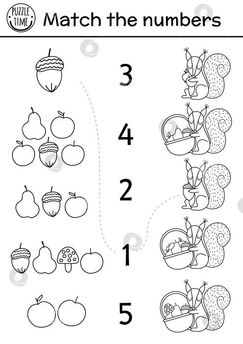 Скачать Подбери числа в черно-белой игре с белкой и корзиной фруктов. Осенняя линейная ферма или лесное математическое занятие с милым животным. Обучающий печатный лист для подсчета голосов для детей фотосток Ozero
