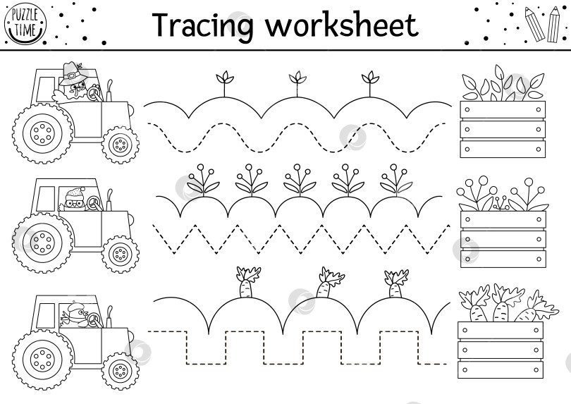 Скачать Векторный рабочий лист для практики рукописного ввода в День благодарения. Осеннее черно-белое занятие для дошкольников с возможностью печати. Осенняя игра-трассировка для развития навыков письма с милой индейкой и птицами на тракторе, сбор урожая фотосток Ozero