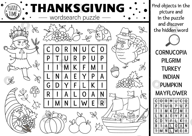 Скачать Векторная черно-белая головоломка для поиска слов на День благодарения для детей. Простой кроссворд осеннего лагеря с традиционными символами. Раскрашивание ключевого слова activity с индейкой, пилигримом, тыквой, американцем. фотосток Ozero