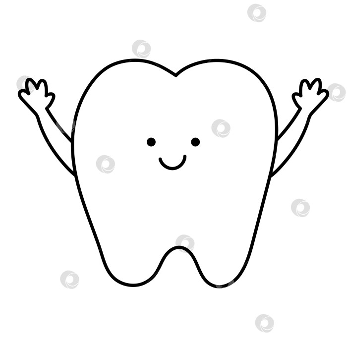 Скачать Черно-белый кавайный зуб с поднятыми руками. Векторный значок линии зубов. Забавная картинка по уходу за зубами для детей. Клипарт детской клиники стоматолога или раскраска с концепцией гигиены полости рта фотосток Ozero
