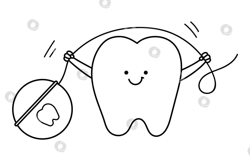 Скачать черно-белая кавайная зубная нить с зубочисткой. Векторный значок линии зубов. Забавная картинка по уходу за зубами для детей. Клипарт детской клиники стоматолога или раскраска с концепцией гигиены полости рта фотосток Ozero