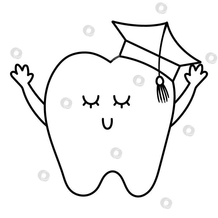 Скачать черно-белый кавайный зуб мудрости в академической шапочке. Векторный значок линии зубов. Забавная картинка с уходом за зубами. Клипарт детской клиники стоматолога или раскраска с концепцией гигиены полости рта фотосток Ozero