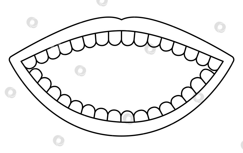 Скачать Черно-белый открытый рот с зубами. Обрисуйте концепцию стоматологической помощи. Значок линии губ или раскраска фотосток Ozero
