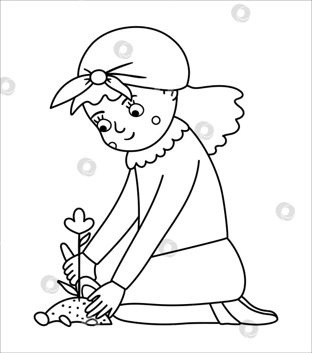 Скачать Векторная черно-белая девушка сажает цветок с иллюстрацией лопаты. Симпатичный ребенок с набросками, работающий в саду. Весенняя линия садоводческих работ картинка или раскраска фотосток Ozero