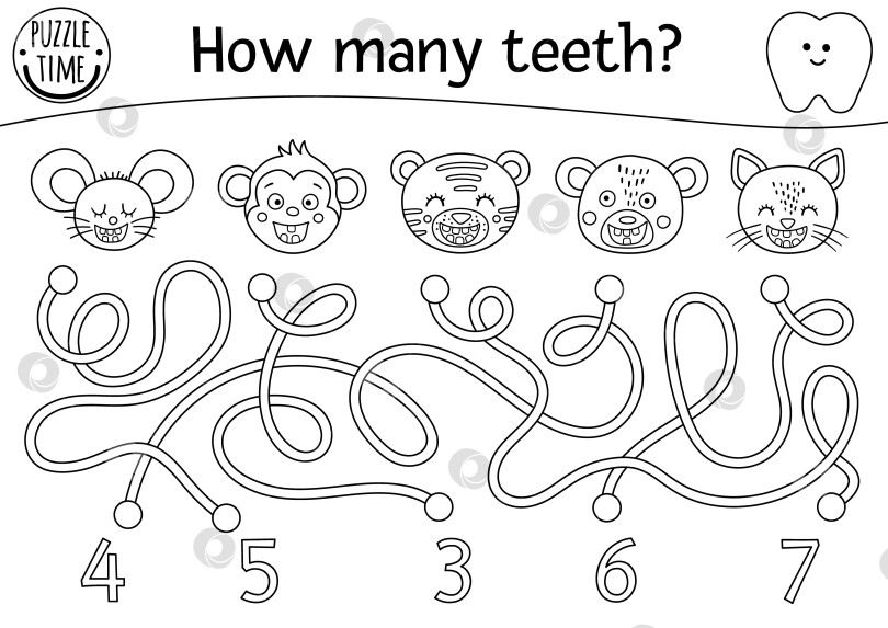 Скачать Черно-белый лабиринт для ухода за зубами у детей. Дошкольное учебное занятие по математике с зубастыми животными. Забавная линейная головоломка или раскраска. Счетный лабиринт для детей. Сколько зубов фотосток Ozero