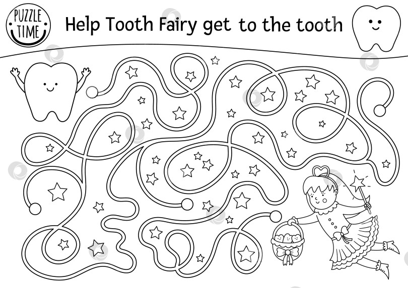 Скачать Черно-белый лабиринт для ухода за зубами у детей. Занятие в стоматологической клинике дошкольного возраста или раскраска. Помогите Зубной фее добраться до зуба. Лабиринт для гигиены полости рта для детей фотосток Ozero