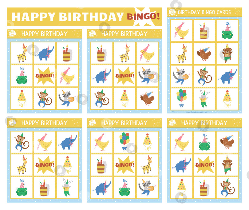 Скачать Набор векторных открыток для бинго с Днем рождения. Веселая семейная настольная игра в лото с милыми животными, воздушными шарами, тортами для детей. Лотерейное мероприятие на праздничной вечеринке. Простой учебный лист для печати. фотосток Ozero