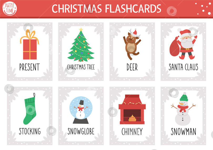 Скачать Набор векторных рождественских флэш-открыток. Англоязычная игра с милым Санта-Клаусом, рождественской елкой, снеговиком для детей. Праздничные карточки для зимней вечеринки. Простой учебный лист для печати. фотосток Ozero