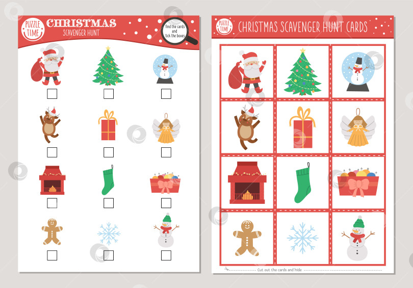 Скачать Набор векторных рождественских открыток для охоты на падальщиков. Игра "Ищи и находи" с милым Санта-Клаусом, рождественской елкой, снеговиком для детей. Поисковая деятельность на зимних каникулах. Простой учебный лист для печати. фотосток Ozero