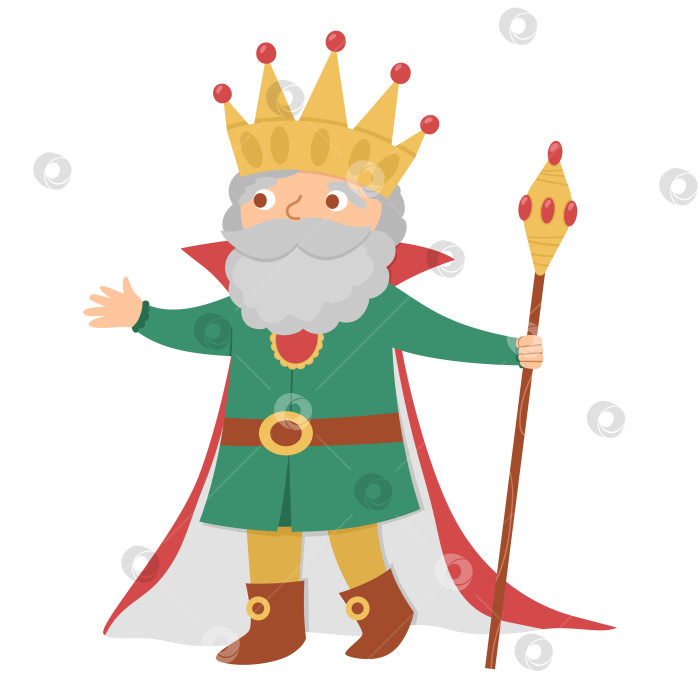 Скачать Сказочный король со скипетром, выделенный на белом фоне. Векторный фантастический монарх в короне и мантии. Персонаж средневековой сказки "Принц". Мультяшный значок волшебного владыки фотосток Ozero