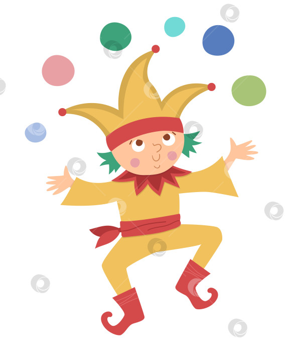 Скачать Сказочный векторный шут с цветными шарами. Фантастический жонглер в забавной шляпе, выделенный на белом фоне. Персонаж сказочного двора. Мультяшный волшебный значок фотосток Ozero