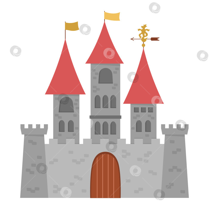 Скачать Векторный значок замка, изолированный на белом фоне. Средневековый каменный дворец с башнями, флагами, воротами. Иллюстрация сказочного королевского дома фотосток Ozero