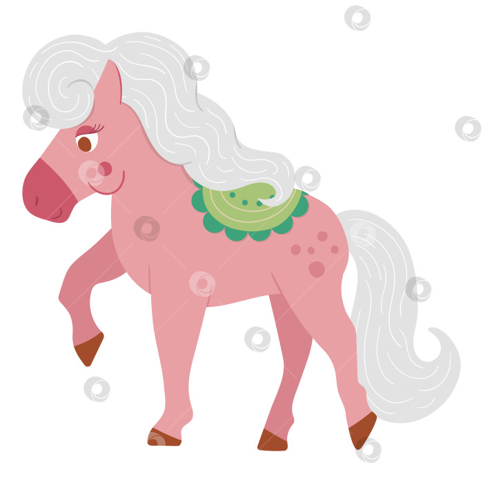 Скачать Сказочная розовая лошадка с зеленым седлом, выделенная на белом фоне. Векторное фантастическое животное. Персонаж средневековой сказки - лошадь. Мультяшный волшебный значок фотосток Ozero